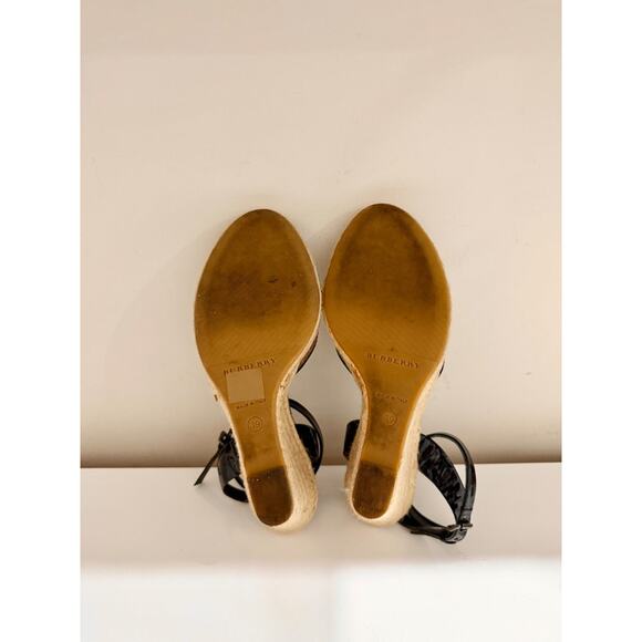 Burberry Espadrille & Patent Leather Check Ankle Strap Wedge Sandals Black EU 39 - Picture 6 of 7